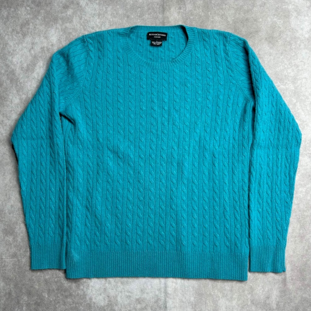 Sutton Studio Cashmere Sweater Womens Large Teal Blue Cable Knit Crew Neck L